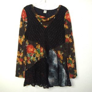This & That Artsy Boho Floral Crochet Colorblock Pullover Tunic Sweater Size L